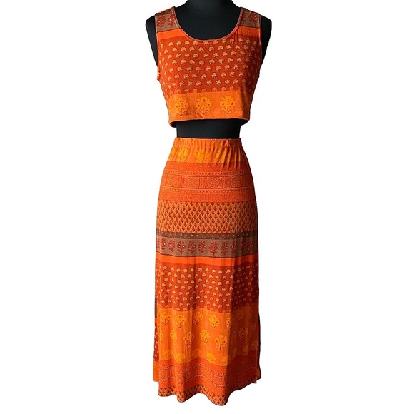 Vintage 90’s Orange Crop Top High Waist Skirt Set - Picture 1 of 3